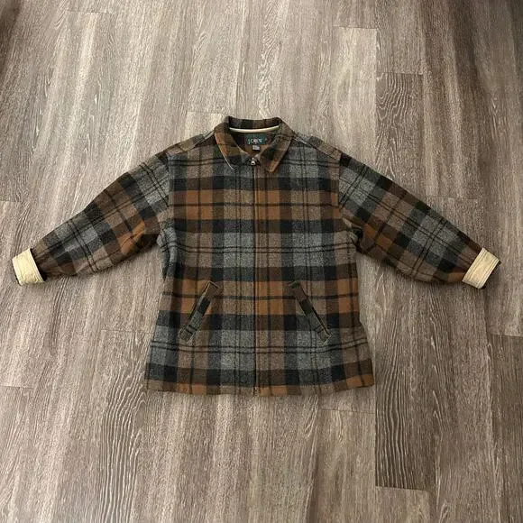 Vintage J.Crew Made in USA Wool Plaid Zip Jacket Brown Gray Check L Workwear EUC - Picture 5 of 16